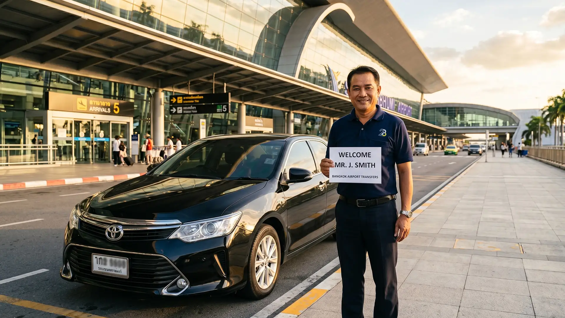 2B Global chauffeur welcoming an arriving traveller at Bangkok airport